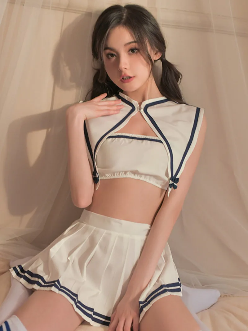 Sexy Sailor Student Outfit Sailor Collar Chest Hugging Folding Skirt Students Black White Splicing Cute Outfits For Women VSGS