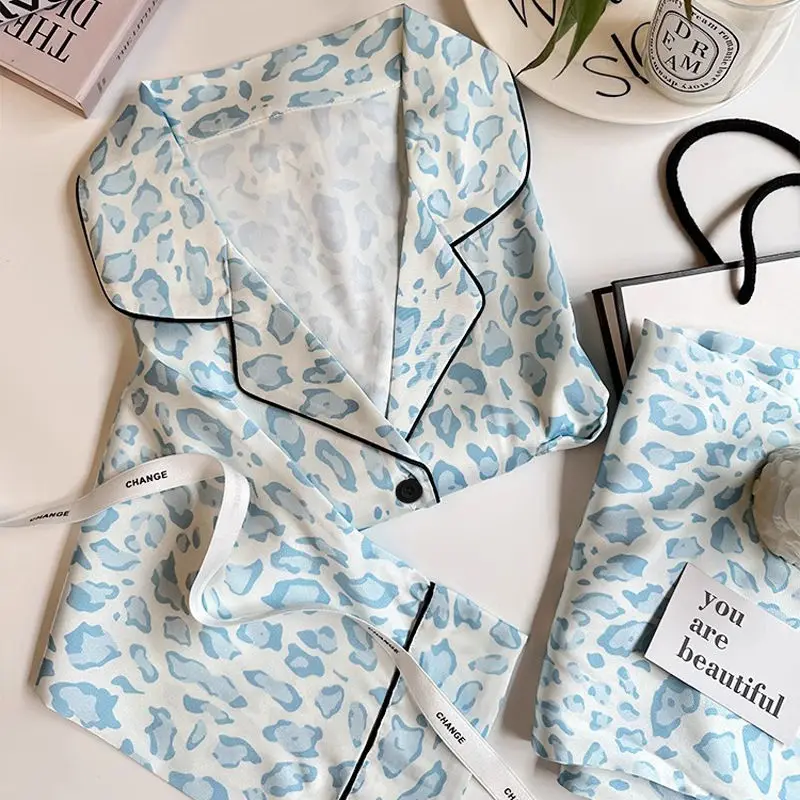 Silk Pajamas for Women Long-sleeved Spring and Autumn Sleepwear Fashion Pajamas Women's High-end Loungewear Suit Leopard Print