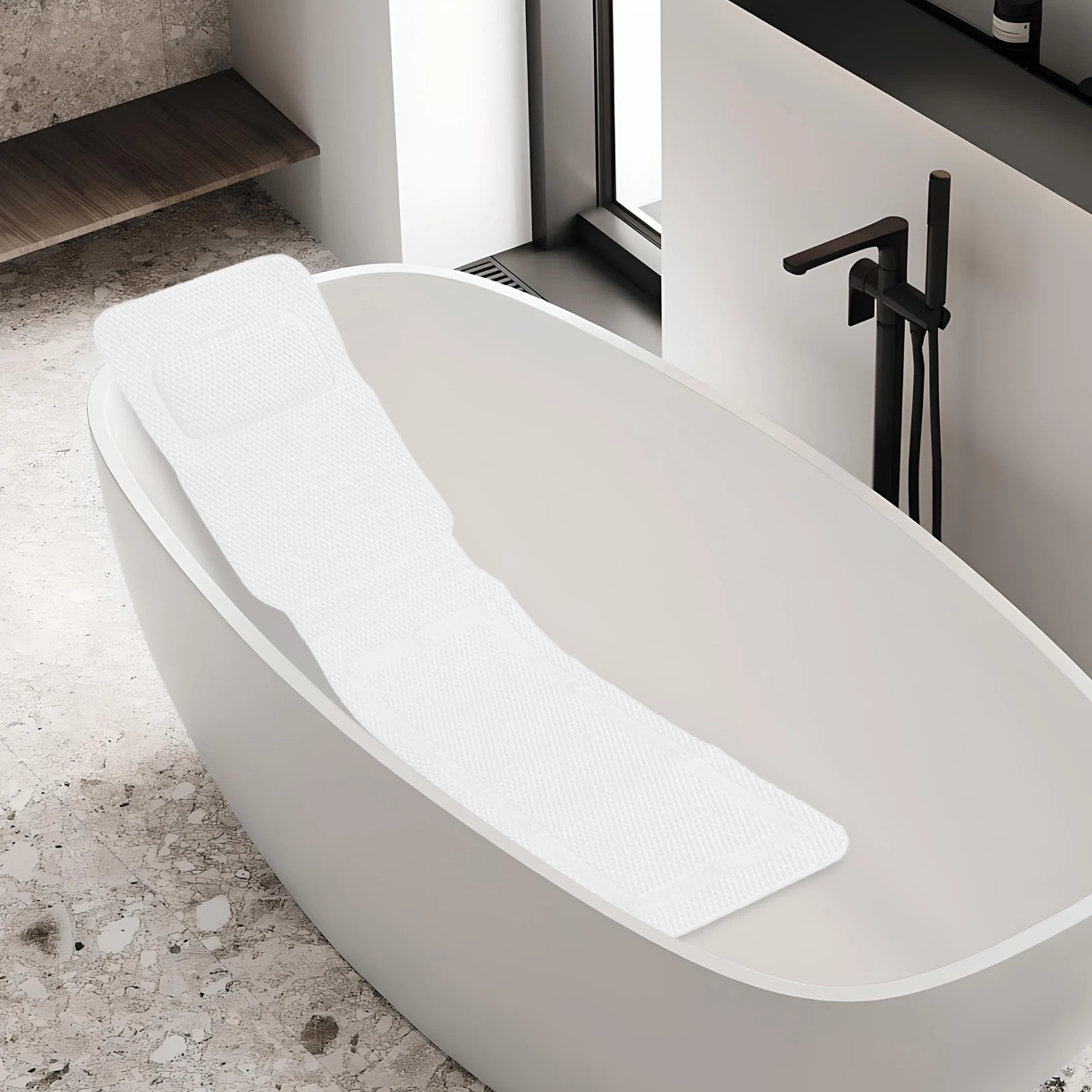Hohle PVC-Schaum-Badematte mit Kissen | Weißes 125*36cm Badewannenkissen mit Schwammfüllung, Modernes Rutschfestes Badewannenkissen – Detail 10