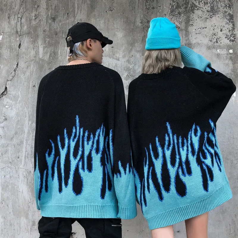 

New Winter Autumn Sweater Women Men Casual Long Sleeve Blue Flame Oversized Pullover Sweater Loose Boyfriend Pullovers
