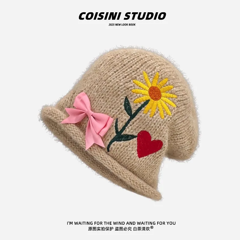 

Французские ретро вязаные шапки с вышивкой «Любовь» и бантом для женщин, осенне-зимние дорожные повседневные теплые универсальные шапки с ворсом