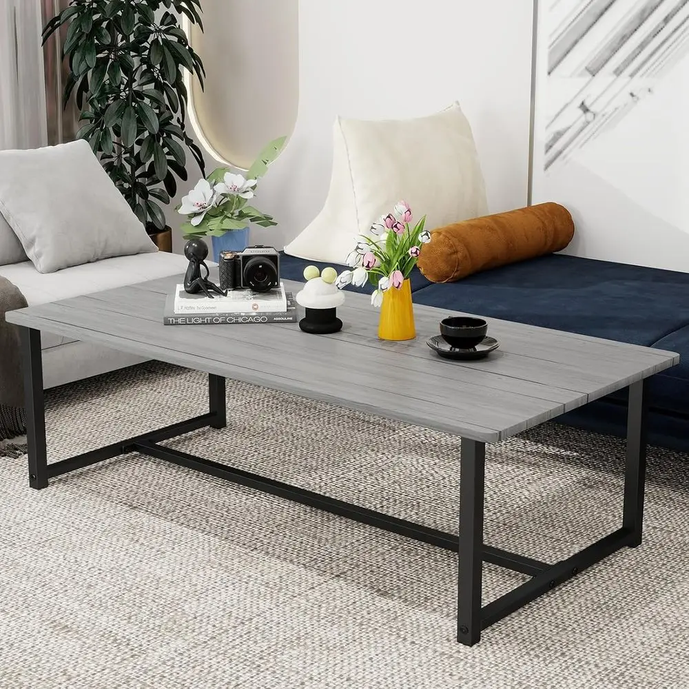 Mid-Century Rectangular Wooden Coffee Table with Metal Frame, Grey Finish, Easy Assembly for Living Room