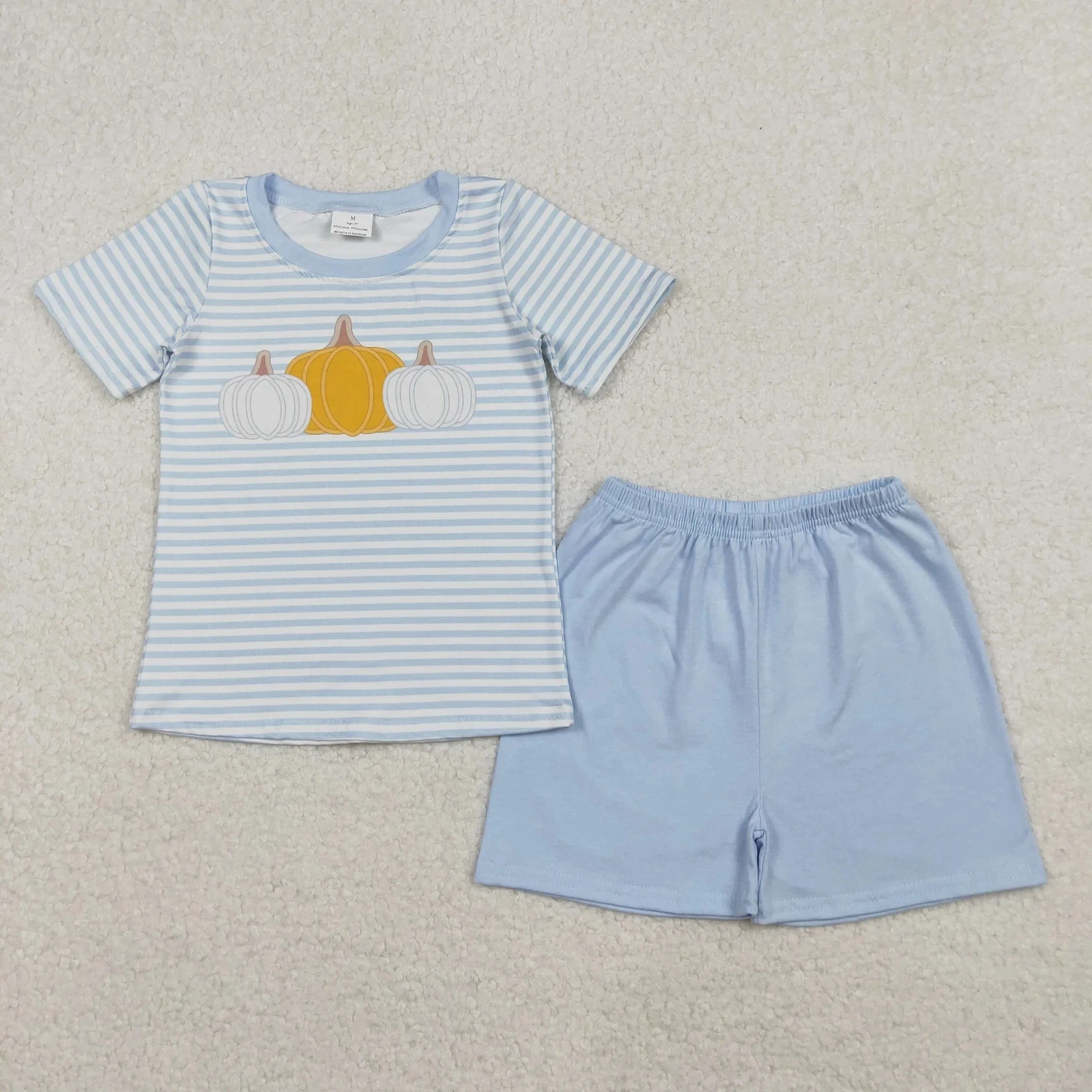 Wholesale Boy Short Sleeves Pumpkins Pattern Shirt Children Blue Shorts Fall Set Toddler Baby Kids Thanksgiving Outfit Clothes