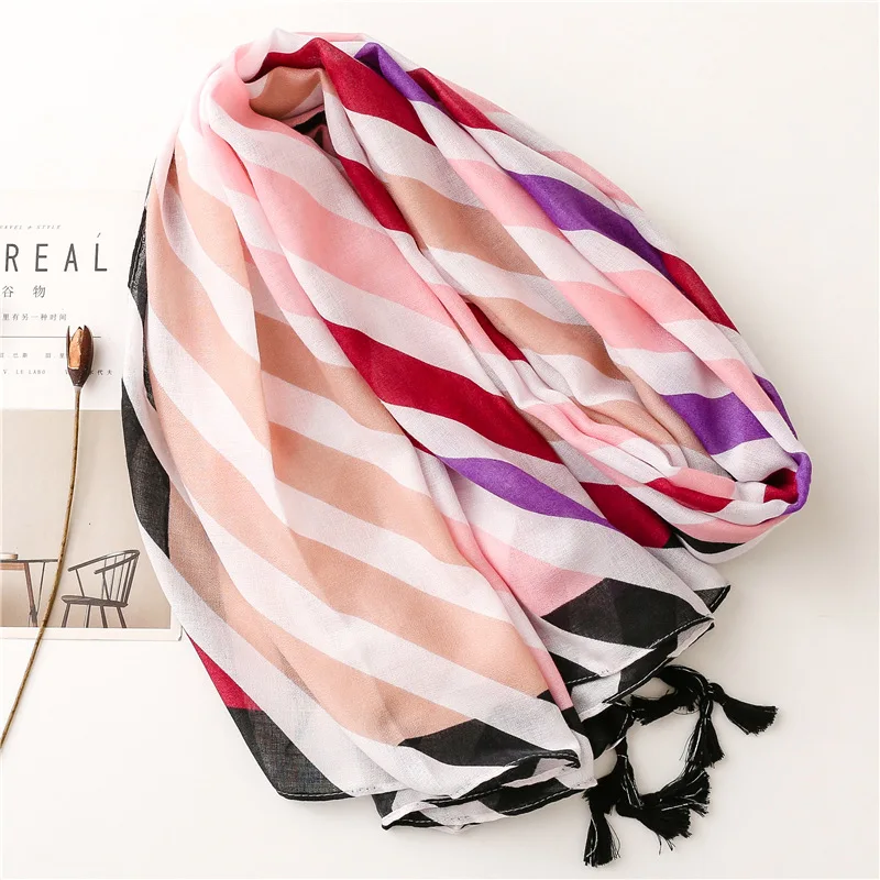 2022 New Cotton Stripe Print Tassel Scarf Shawls Wrap Women Long Geometry Pattern Scarves Hijab Beach Scarves  Free Shipping