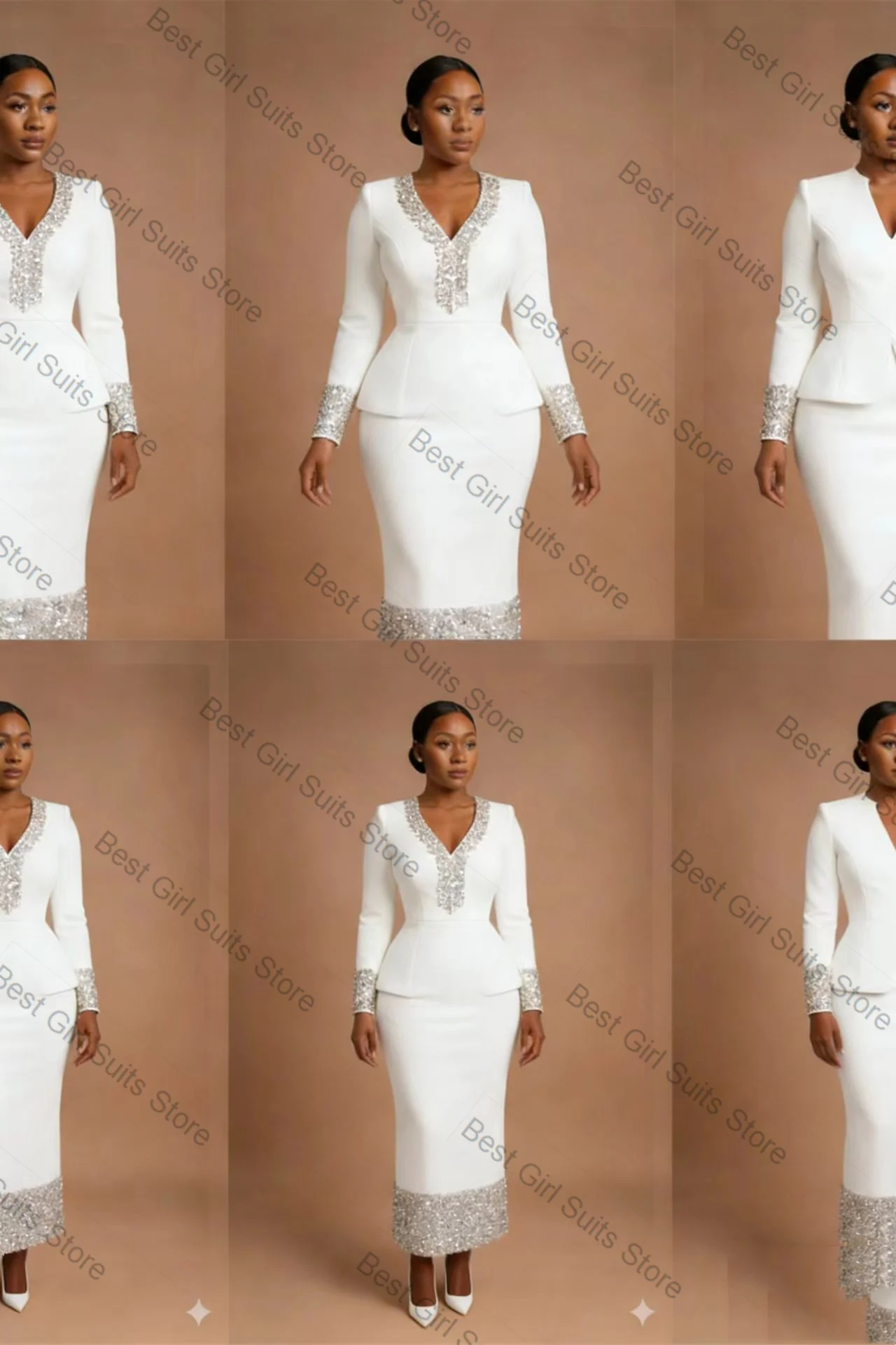 

White Crystals Women Suit Skirt Set 2 Piece Cotton Blazer+Prom Dress Spring Formal Office Lady Jacket Customized Wedding Coat