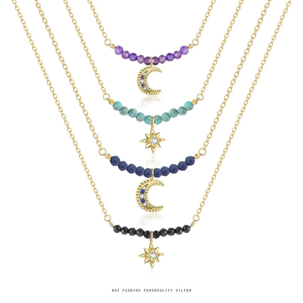 

Ювелирные изделия из чистого серебра S925, ожерелье со звездой и луной, женская легкая роскошная мода, цепочка на ключицу из натурального хрусталя лазурита