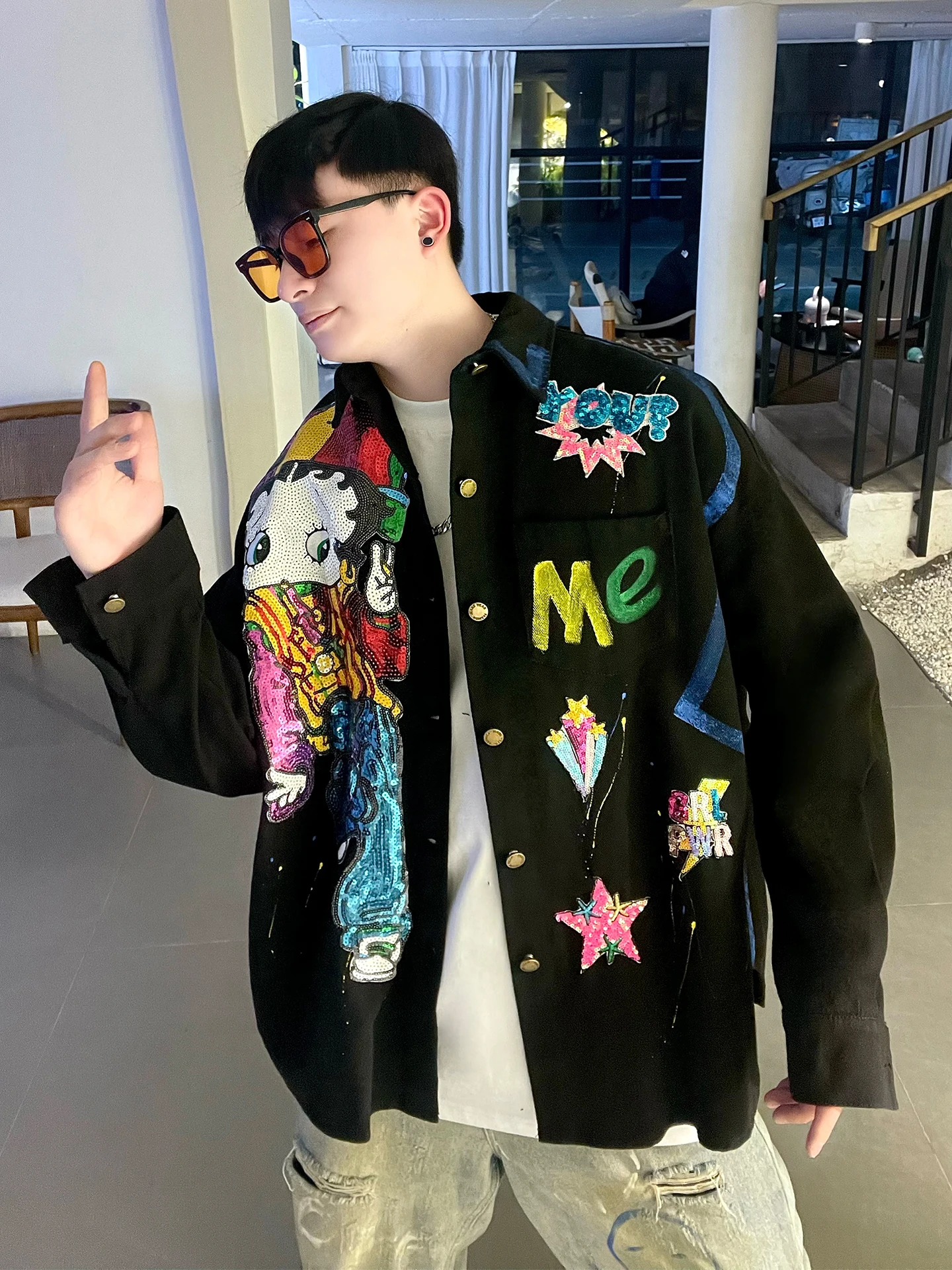 

Джинсовая рубашка Miss Bet Hand-Dn fiti с пайетками, свободного кроя, в стиле INS, укороченная, для пар, молодежная, модная, хлопковая, весенняя