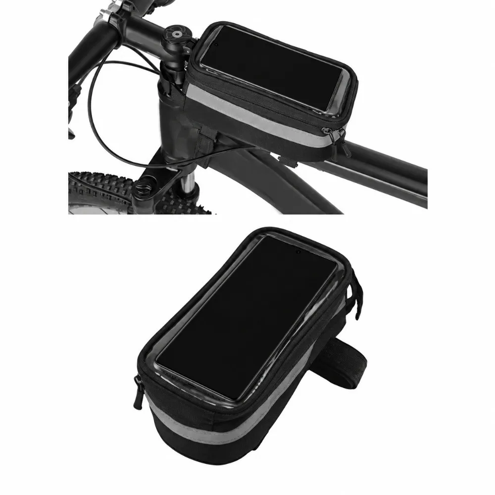 600D Nylon , TPU Bike Touchscreen Phone Bag Hook and Loop Straps with Reflective Side Strips Bike Top Tube Bag Easy Installation