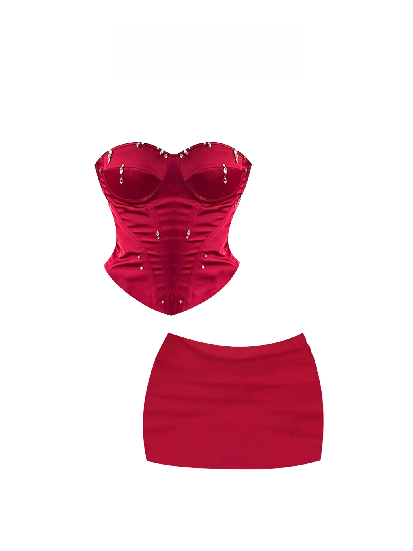 

Heavy Du Rhinestone Red Tube Top And High Waist Skirt Cisas Set for plus Size Women Winter Faion Outfit