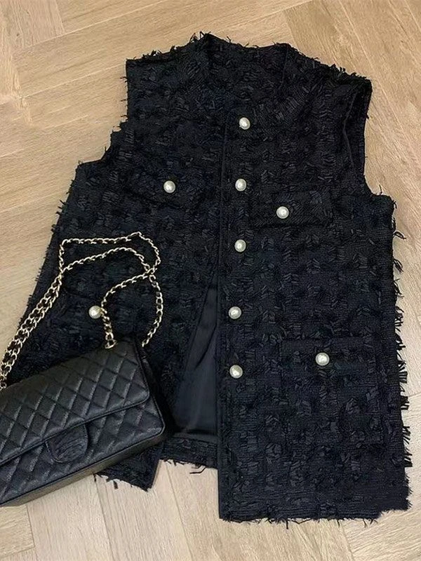 Small Fragrant Style Tassel Single-row Top Pearl Button Vest Jacket Women\'s Autumn 2024 New Long Coats Korean Fashion Loose Vest