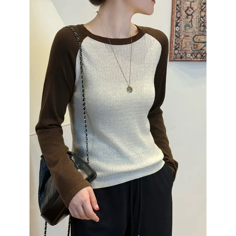 Silk Blend Color-block Raglan Sleeve Cable Knit Sweater Autumn Women Round Neck Loose Casual Tops Pullovers