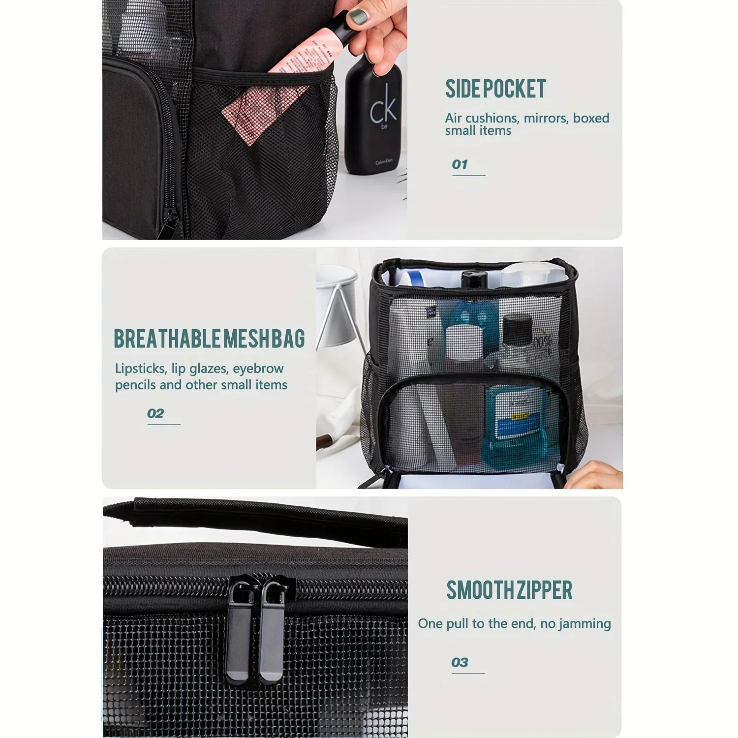 Borsa cosmetica impermeabile in rete da 1pc, organizer da viaggio per prodotti quotidiani per cosmetici portatili portatili di grande capacità