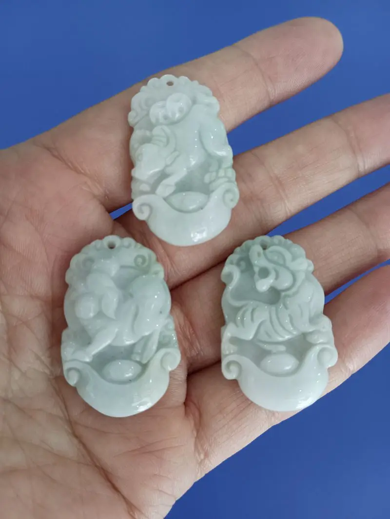 3 Piece Pendant Natural Myanmar Jade Mascot Amulet Tiger Pig OX Chinese Zodiac Signs Bless Year