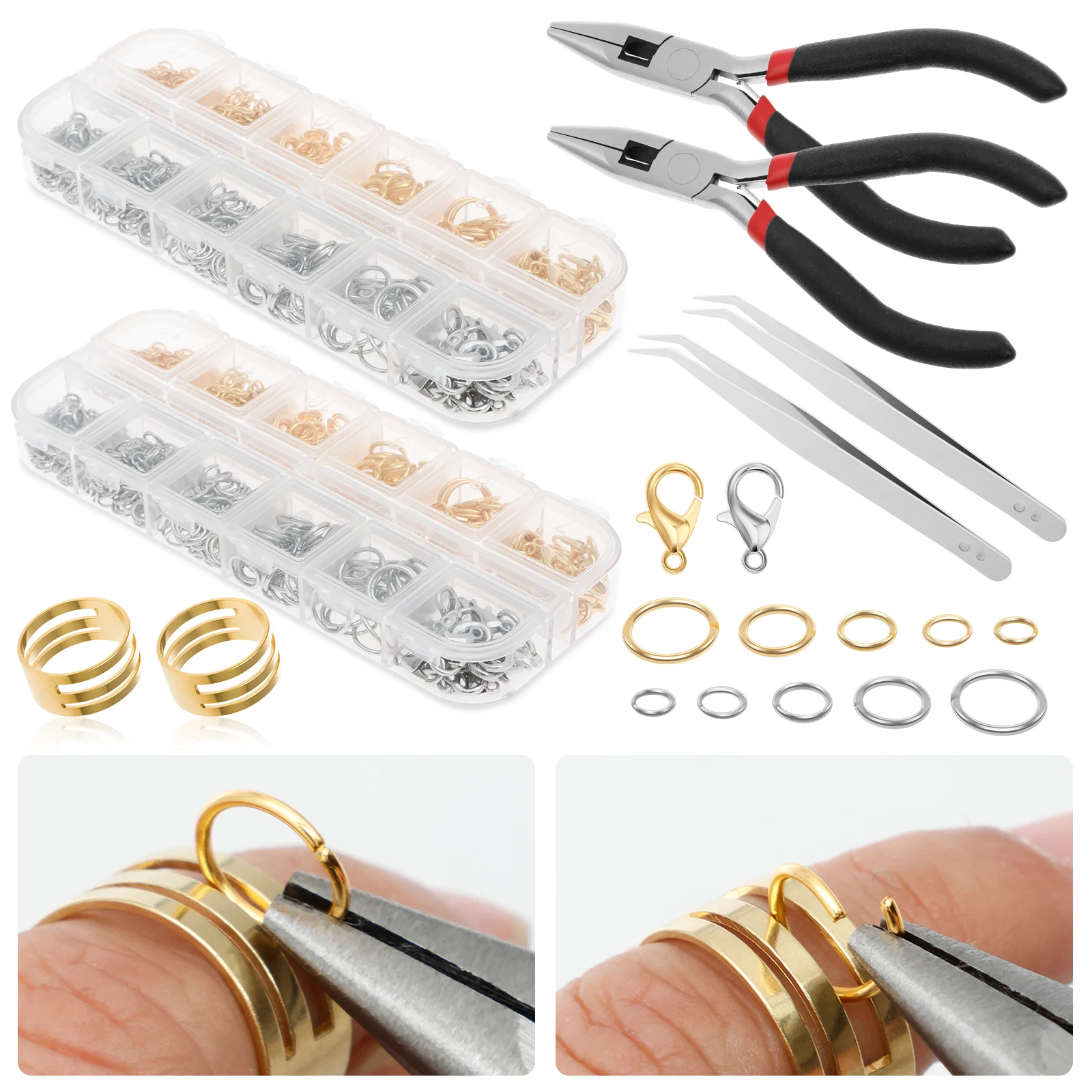 

Silver and Gold Jump Rings with Pliers and Tweezers Jewelry Repair Kit DIY Necklace Repair Tool Portable Jewelry Making Supplies