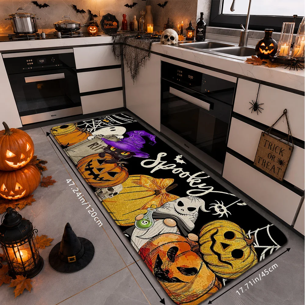 1pc-Friendly Suitable for -terrain Non-Slip Rug with Black Cat & Pumpkin - PVC Backing Machine Washable Suitable for Entryway,