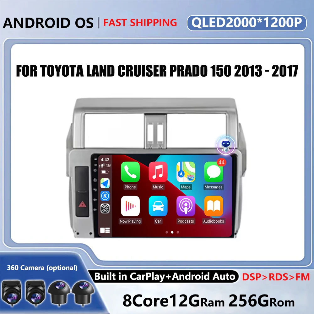 Android OS For Toyota Land Cruiser Prado 150 2013 - 2017 Car Multimedia Player Head Unit Stereo GPS Navigation BT 5.0 QLED scren