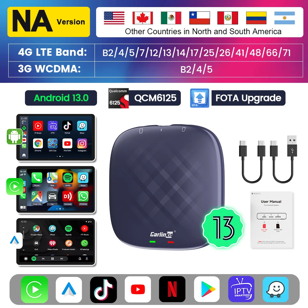 Carlinkit CarPlay Ai TV Box Plus Android13 8 + 128GB QCM 8-Core 665 6125 Draadloze CarPlay Android Auto Voor Youtube Netflix 4G LTE