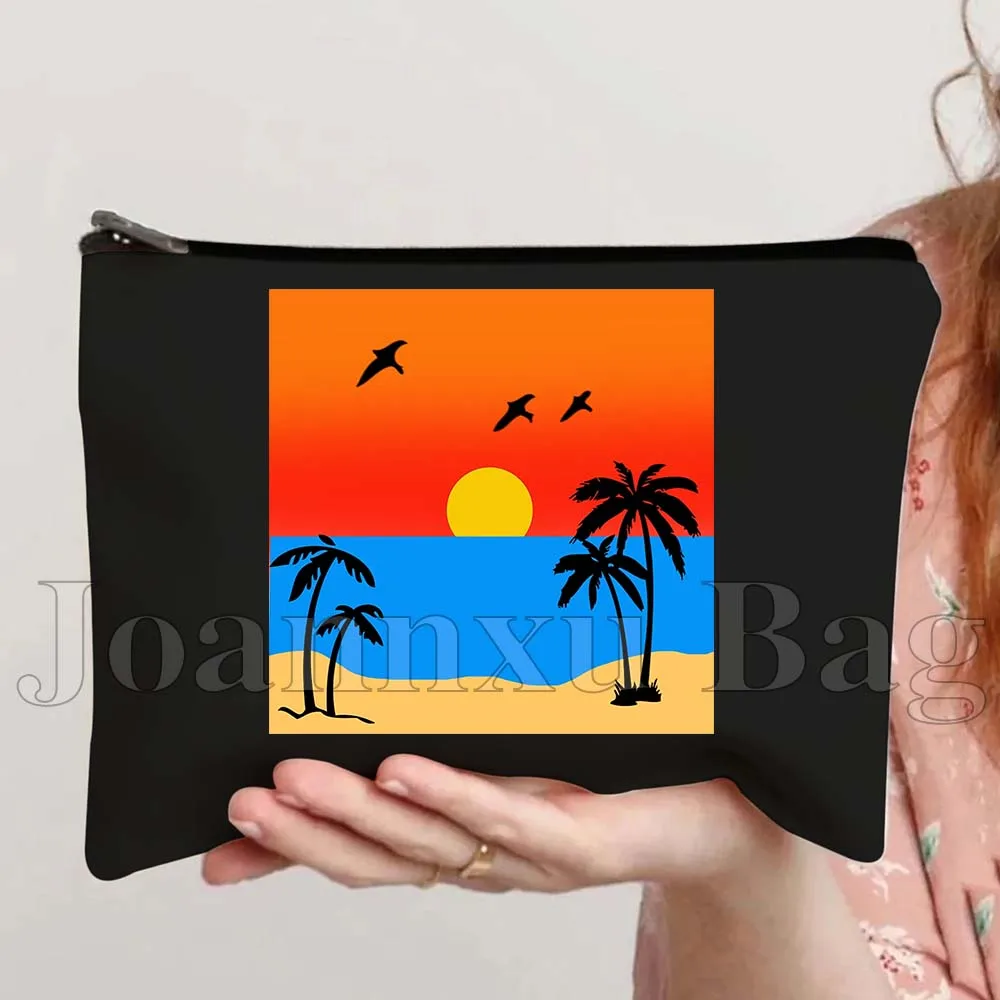 Ocean Waves Sunshine Beach Sunset Sunrise Landscape Palm Trees Watercolor Painting Canvas Cosmetic Travel Makeup Bag Case Pouch