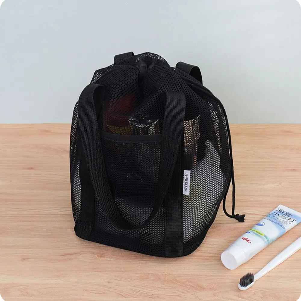 Drawstring Mesh Shower Bag Hand-held Large Capacity Beach Tote Bag Collapsible Handbag Cosmetic Organizer Case Men/women