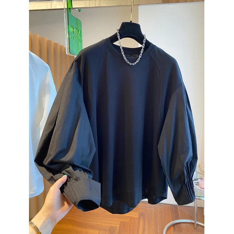 

Loose White Cotton Long Sve irt Women's Early Autumn Base Layer Top Splice Sweatirt Korean Sle Commute Faion