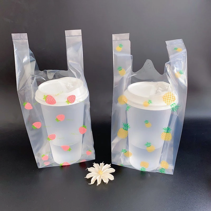 Transparent Plastic Take-Out Bag, Printed Fruits, Delicate Element Design, Tea Packing Tool, Strawberry Pineapple Decoration