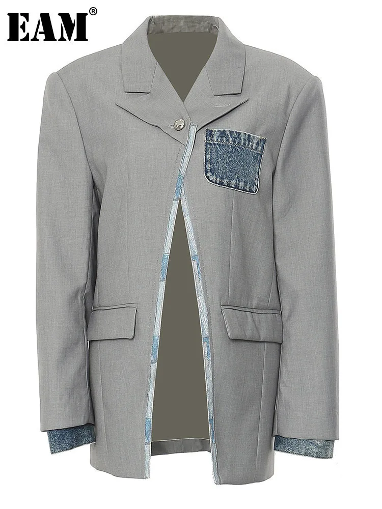 [EAM] Women Gray Denim Color-block Big Size Blazer New Lapel Long Sleeve Loose Fit Jacket Fashion Spring Autumn 2024 7AB1821