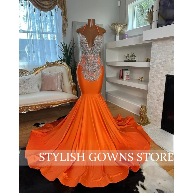 Laranja halter strass veludo sereia longo vestidos de baile vestido elegante para festa de casamento preto meninas noite personalizado