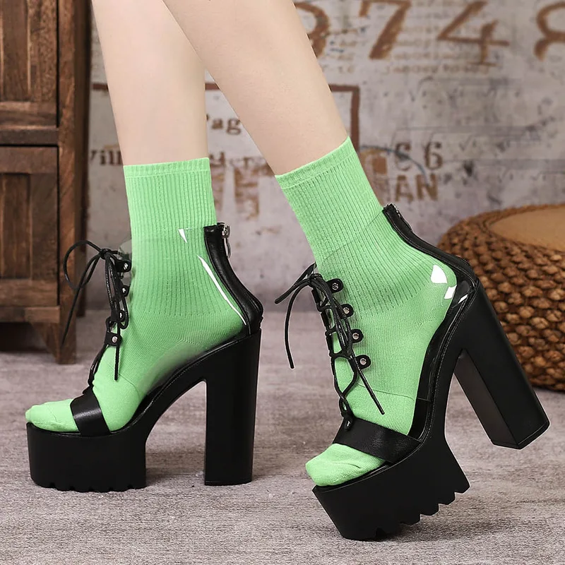 Women High Heels Stage Performance Transparent 14CM Square Heel Platform Cross Tied Rear Zipper Short Boots Women Elegant Casual