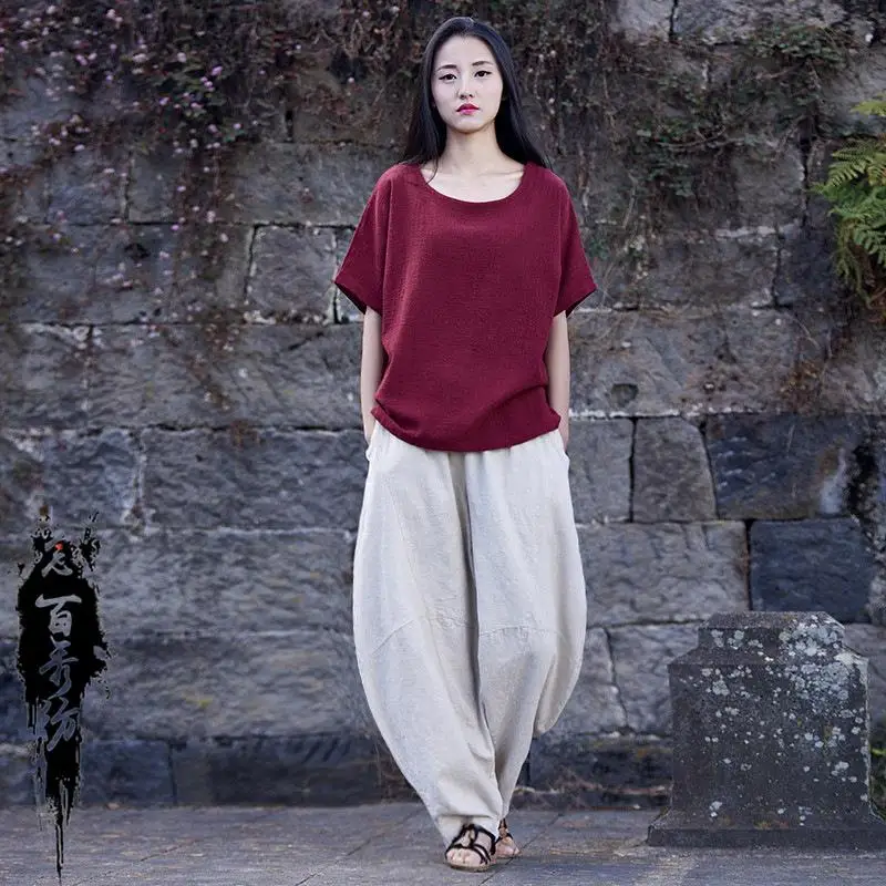 

Cotton Linen Women's Clothing Lantern Pants Loose Fit l Waist Artistic Sle Casual Trousers for Middle-Aged Women