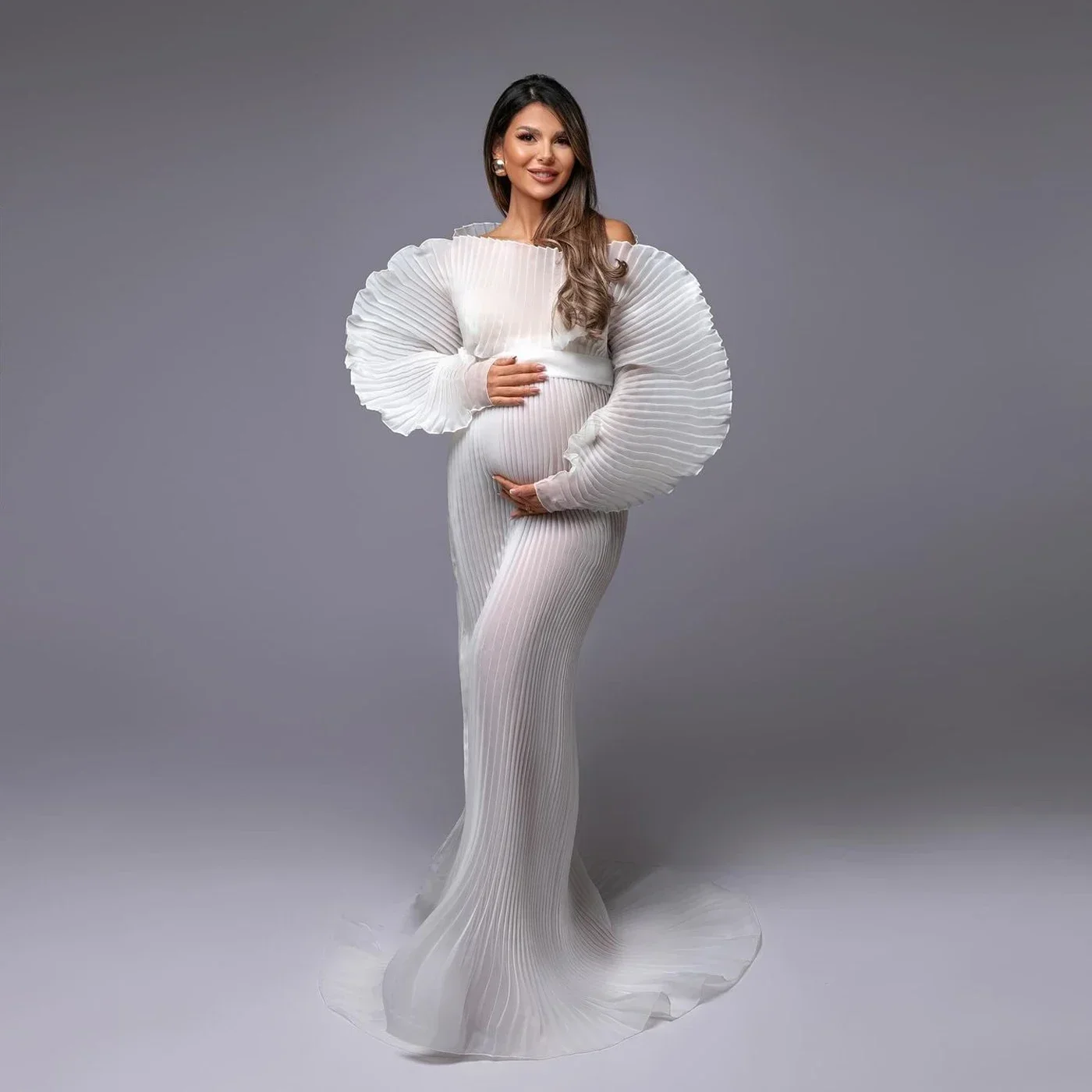 2025 Custom Made Pleated Maternity Dress for Photo Shoot Baby Shower Dress Long Gown for Pregnancy Photoshoot YEWEN YW240006