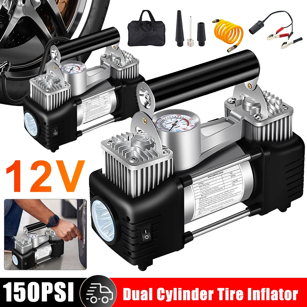 

12V Dual Cylinder Tire Inflator Heavy Duty Electric Car Tyre Inflator 150PSI Portable Air Compressor Automotive Inflation Pump