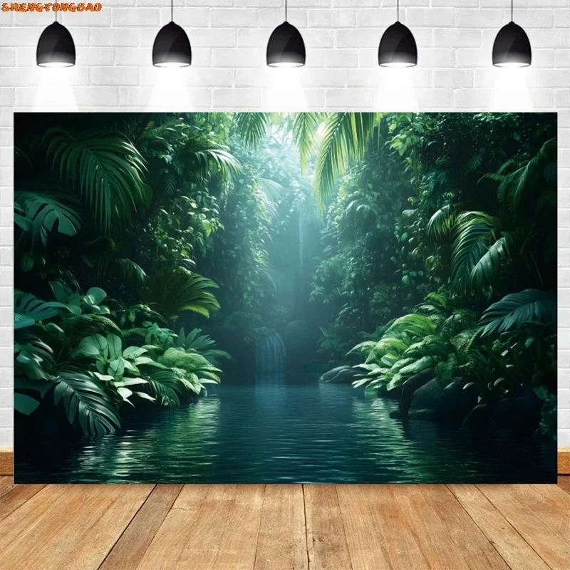 

VIKAMA Jungle Lake Waterfall Tapestry Tropical Green Plant Forest Nature Scenery Wall Hanging Background Cloth for Home Decor