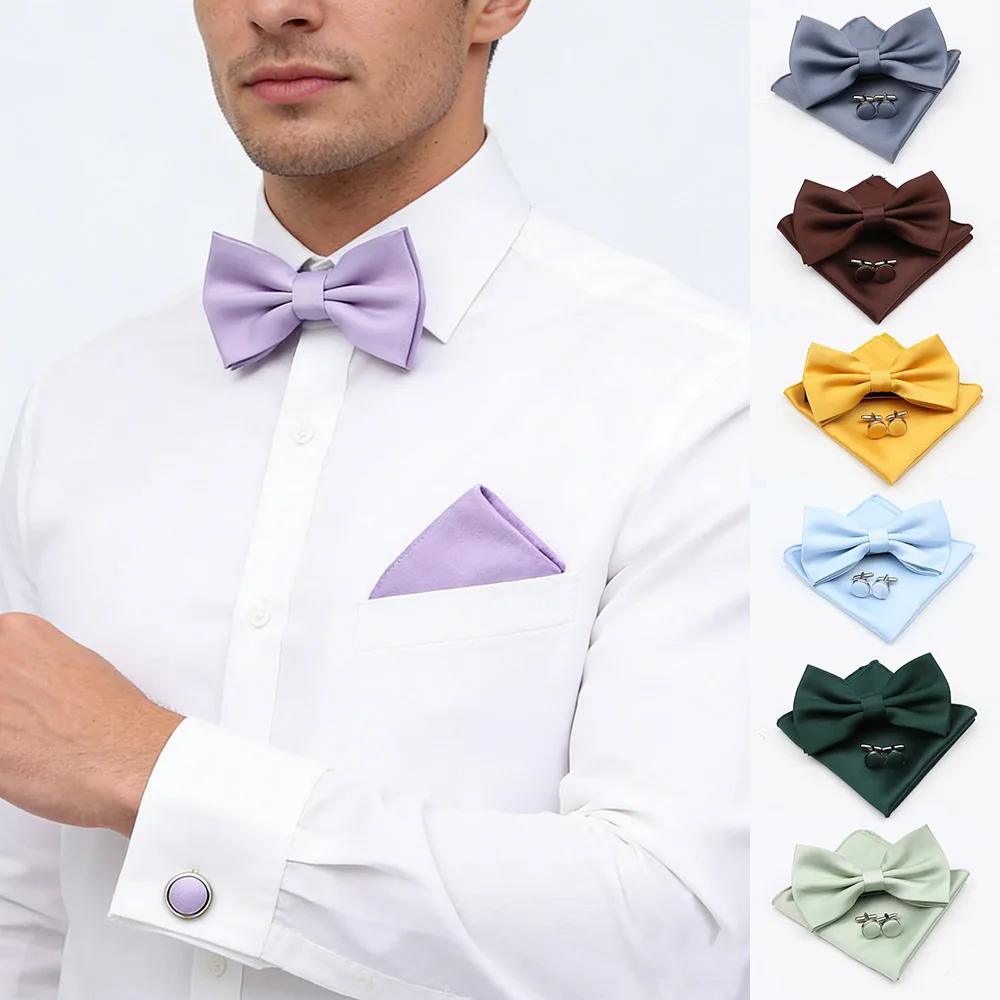 Men's 28 Color Solid Polyester Pocket Square Bowtie Cufflinks 3 Piece Set Handkerchief Butterfly Wedding Party Accessories Gifts