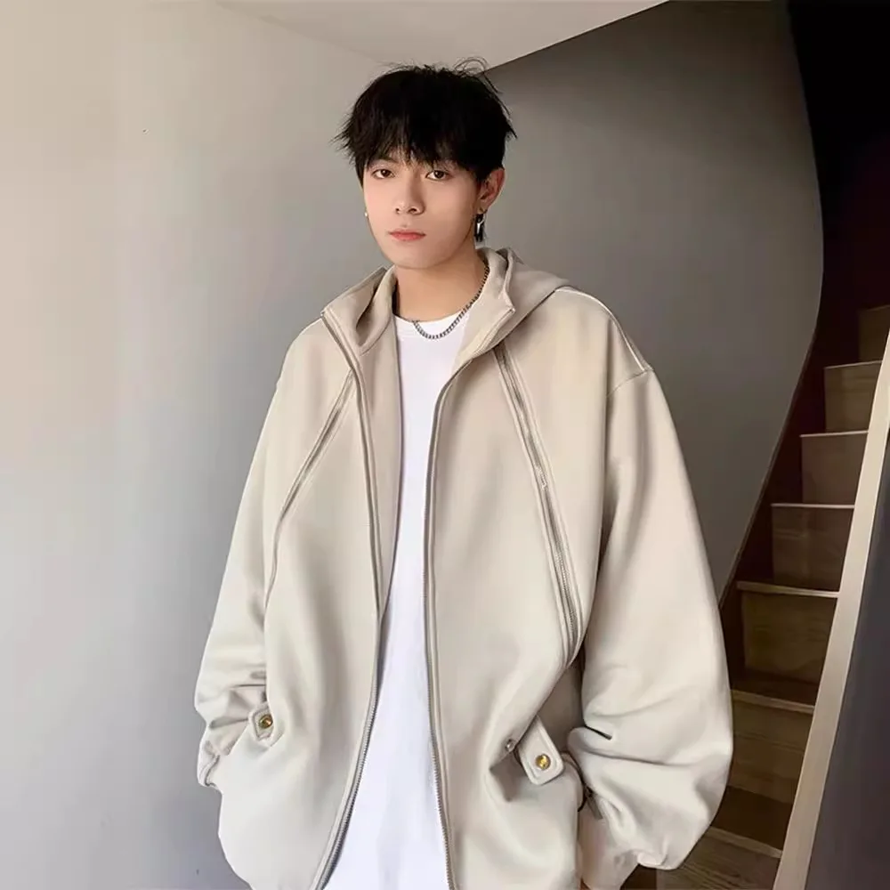 Cardigan moletom com capuz masculino primavera retro estilo preguiçoso jaqueta com zíper tendência de rua alta marca esportes moletom com capuz na mod