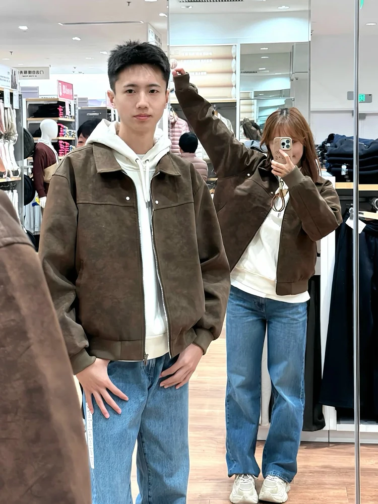 

Винтажная байкерская куртка для пар в американском стиле из искусственной кожи кофейного цвета, весна-осень, мужская и женская, модный бренд, трендовый воротник, размер M