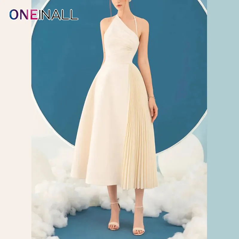 

ONEINALL Solid Folds Camisole Dresses For Women Diagonal Collar Sleeveless Backless Spliced Lace Up Slimming Long Dress Female