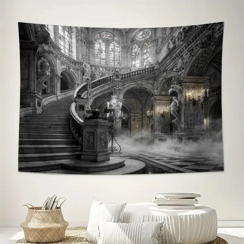 Luxurious Large Scale Black and White Gothic Architectural Tapestry Wall Hanging Grand Staircase Art Decor Print for Living Room