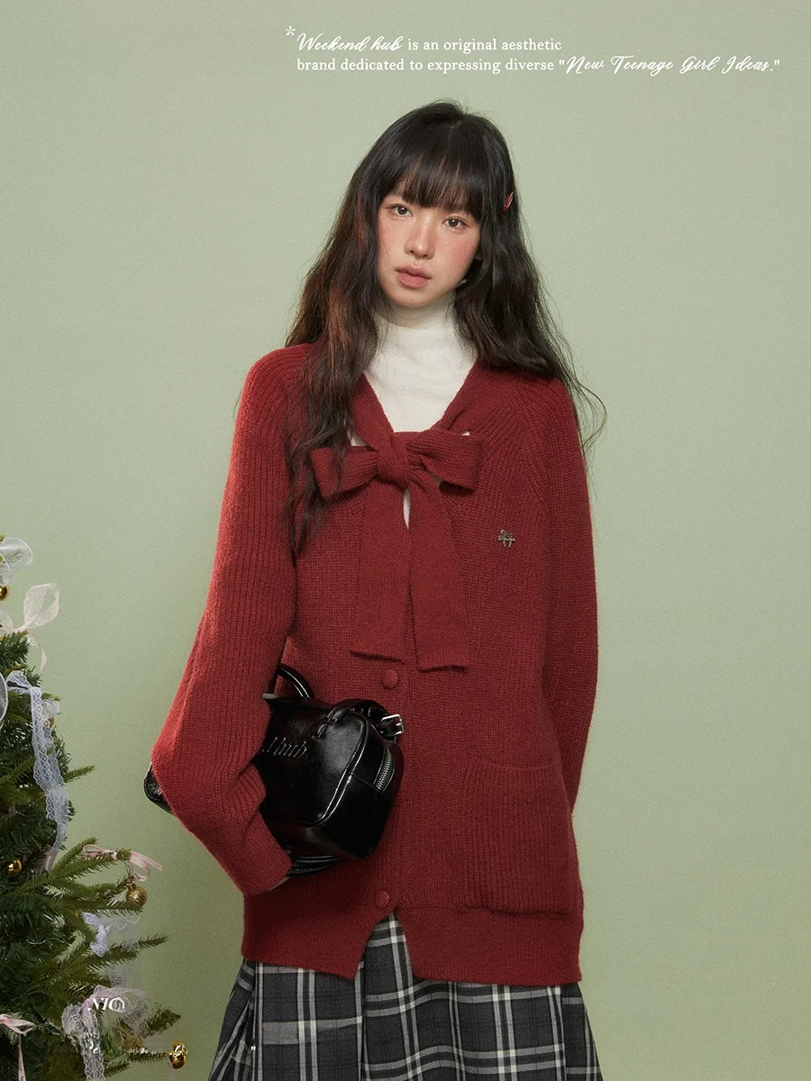 

Red Knitted Loose Sweater Coat Women's Autumn Winter Lazy Sle Mid-Length Open Cardigan Sweet Sle Casual Sweet Wind