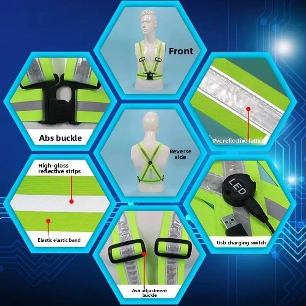 Polyester LED Safety Vest Green Light USB Rechargeable Reflective Running Vest Reflective Cycling Warning Vest