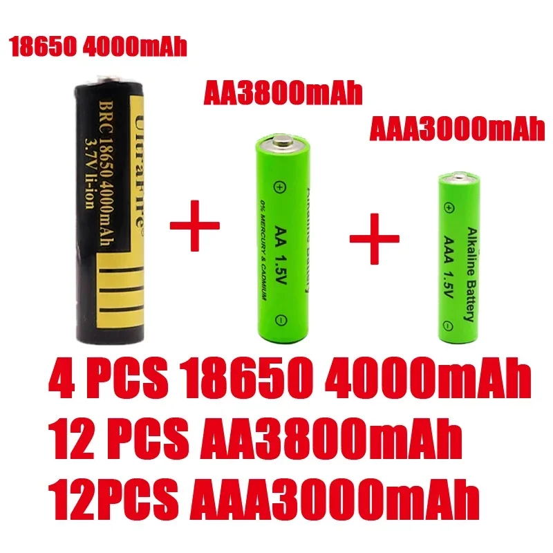 

High quality AAA1.5v 3000mAh + AA1.5v 3800mah rechargeable alkaline battery + 18650 lithium battery toy watch MP3 player