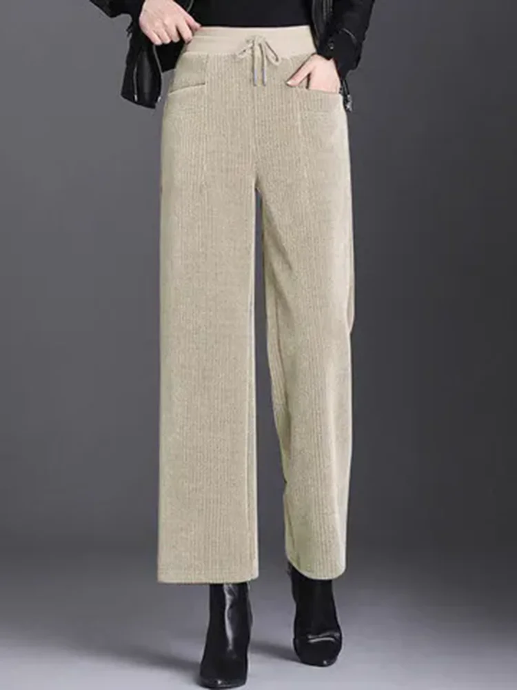 Snow Wear Loose Straight Pants Winter Warm Elastic High Waist Velvet Lined Wide Leg Pantalones Casual Thicken Ankle Length Calca