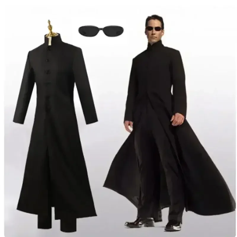 Ensemble complet de cosplay Matrix Neo pour hommes, costume de trench-coat noir sur mesure avec accessoires assortis pour Halloween, carnaval, scène