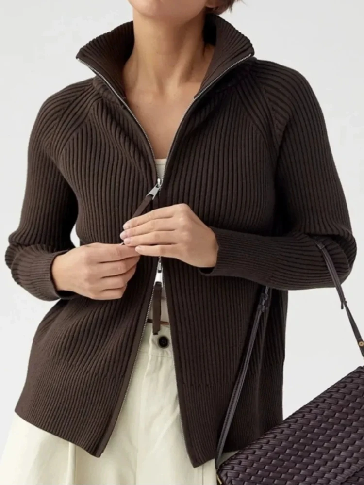 Autumn Winter Retro Zipper Knitted Open Cardigan Women's Loose Outerwear Lazy Collar Sweater Jacket Top for  Knitted Cardigan
