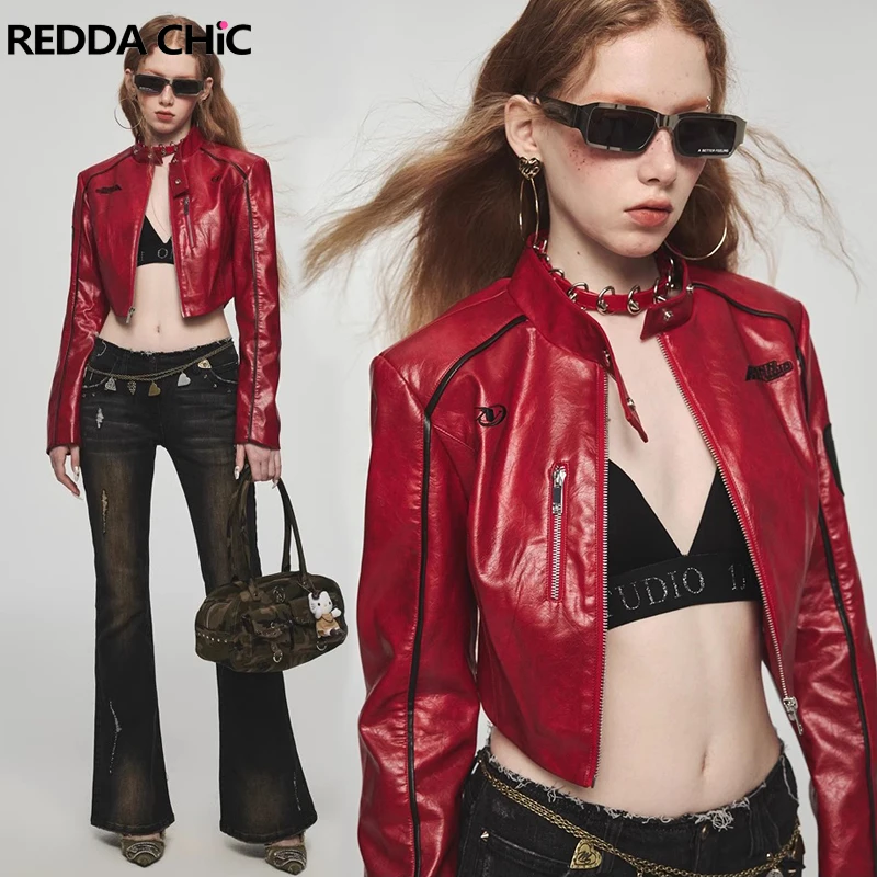 REDDACHiC PU Leather Cropped Jacket for Women Bomber Jacket Punk Moto Windbreaker Casual Long Sleeves Trench Coat Statue Outer