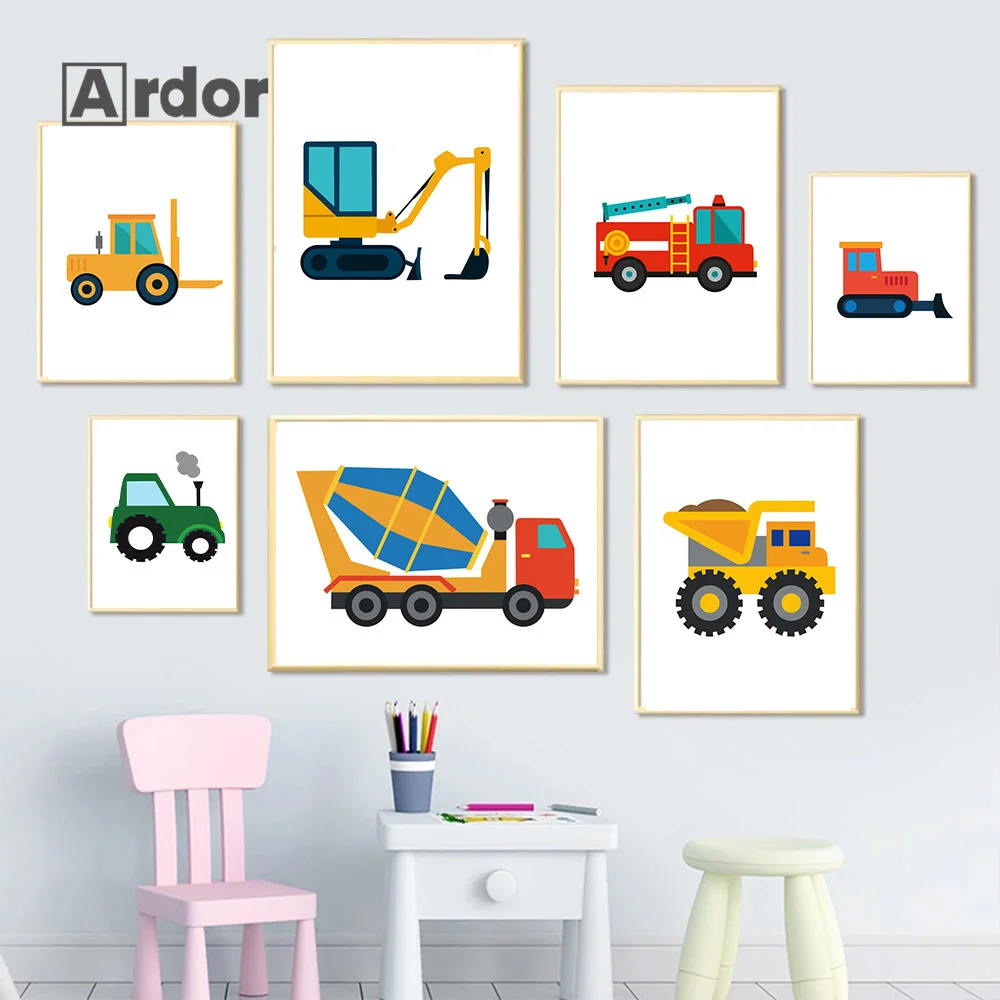 Boy Cartoon Car Wall Art Canvas Painting Excavator Fire Truck Mixer Crane Poster Nursery Print Pictures Baby Kid Room Home Decor