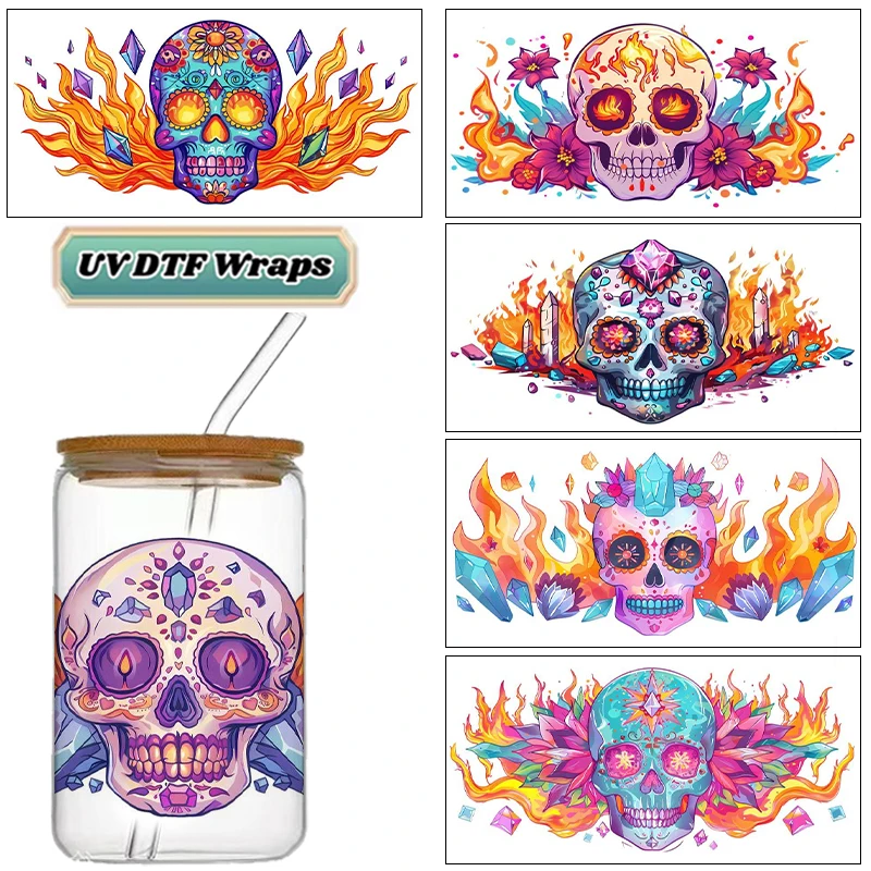 Fire & Crystal Sugar Skull UV DTF Wraps, Day of the Dead Stickers for 16oz Glass Cans, Waterproof DIY Transfer Decals