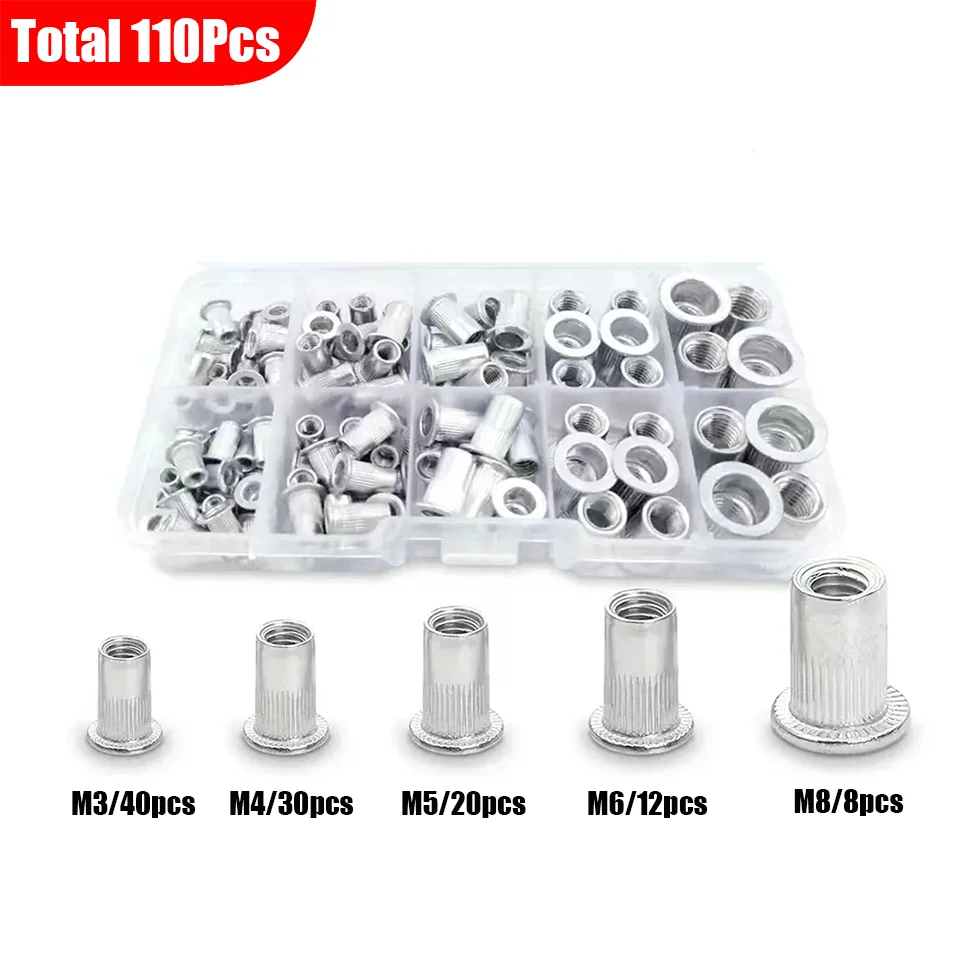 110Pcs/set Rivet Nuts, Aluminum Flat Thread Nut Assembly Kit, Suitable For Automotive, Furniture, Industrial Products