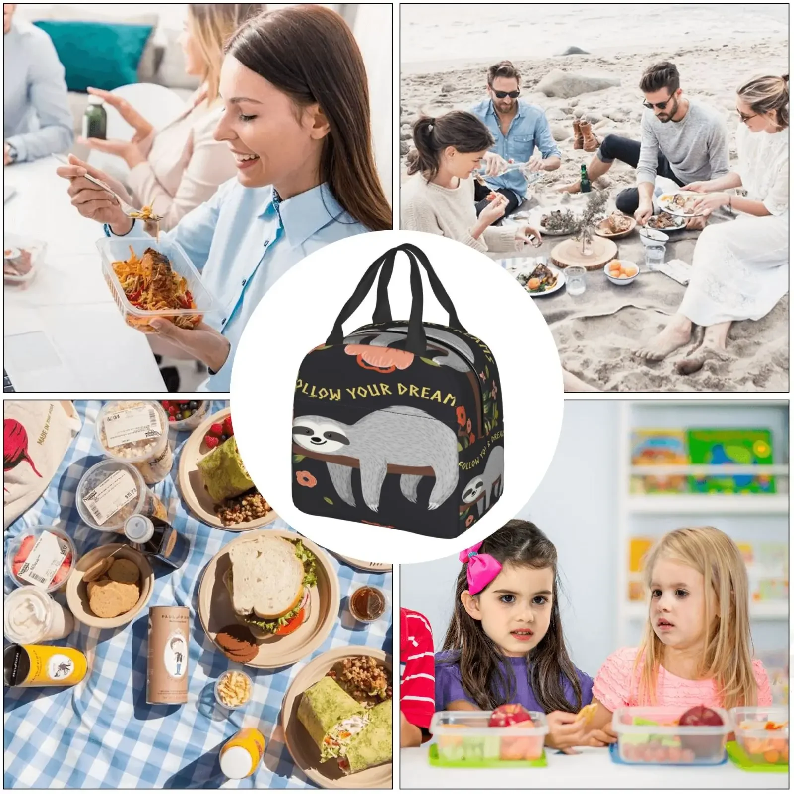 Cute Cartoon Sloth Pattern Lunch Bag For Girls Funny Lunch Box Fun Picnic Cooler Bag Portable Zipper Oxford Thermal Lunch Bags