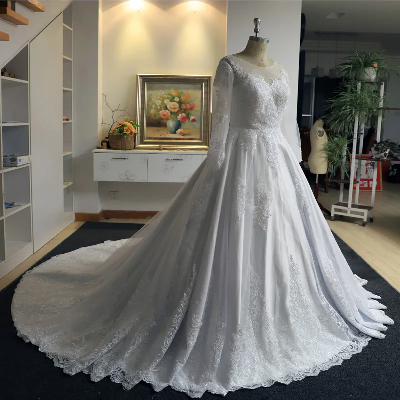 Vestido De Novia De manga larga De encaje, bola gótica, boda, corte, tren, abalorios De Apliques De encaje, 2020