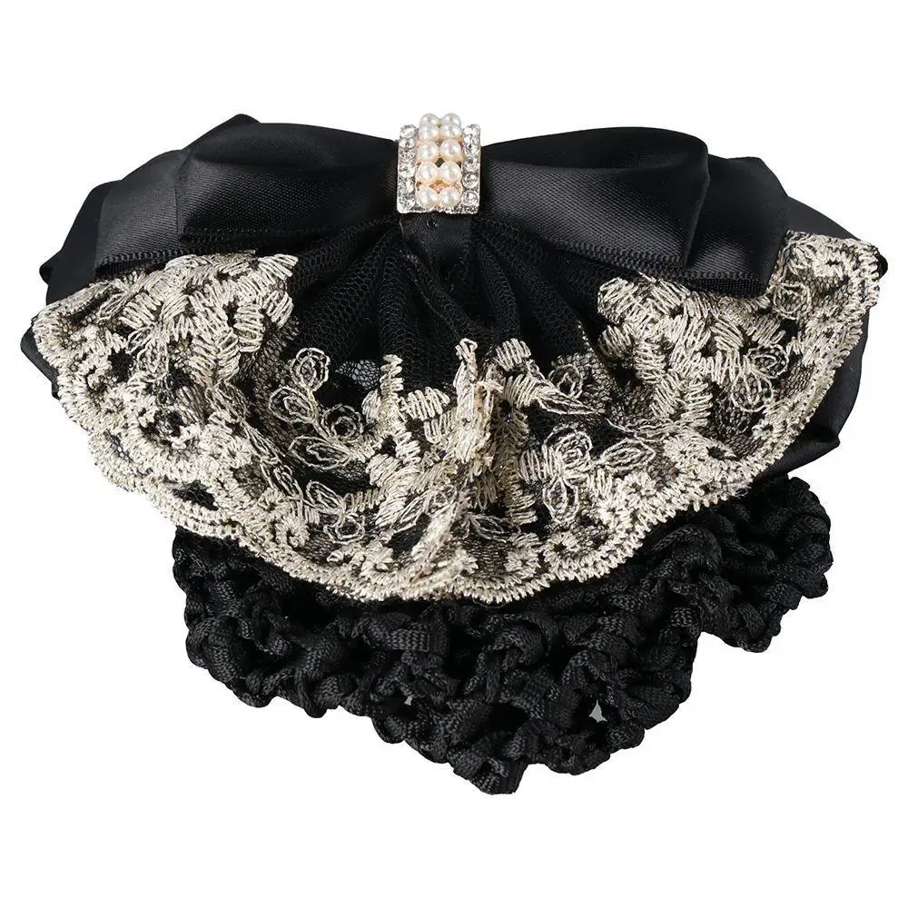 Snood Women Floral Lace Barrette Pearl Flight Attendant Bow Hair Net Hair Clip Hairgrips Lace Bow